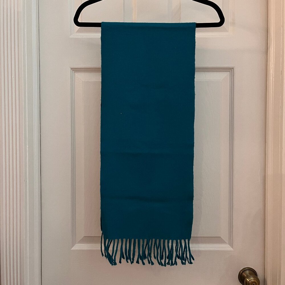Jennifer Moore, dark teal, lightweight winter scarf, acrylic, EUC